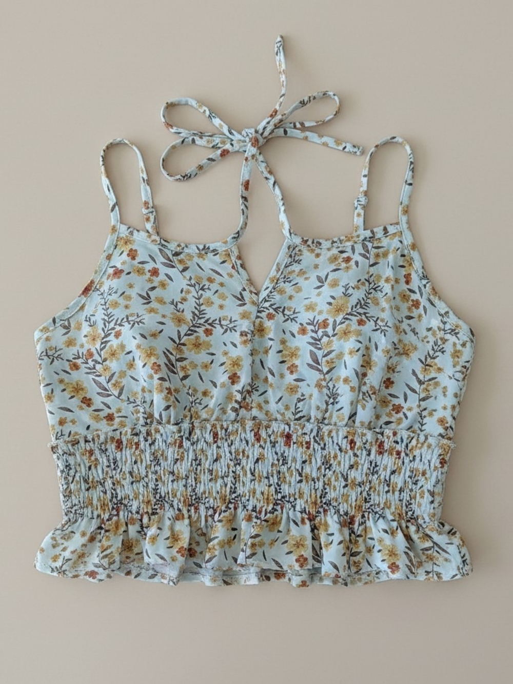 ROMWE Light  Floral Smocked Halter Crop Top Size Medium